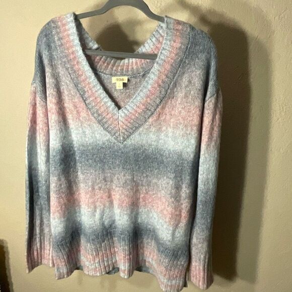 A.N.A. Womens Blue Pink Oversized Ombre V-Neck Knit Pullover Sweater Large - Picture 7 of 10